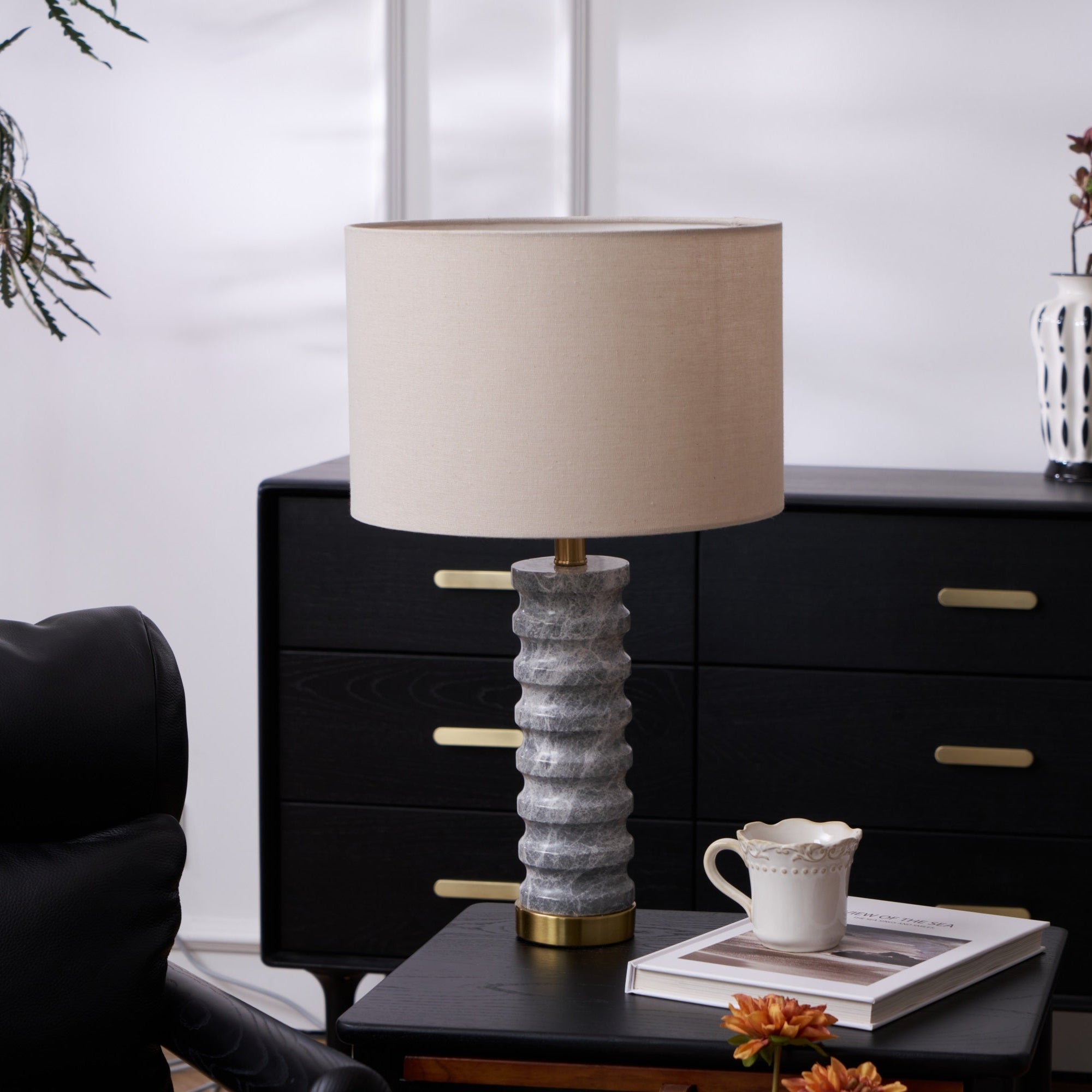 Lampe à poser moderne Jorund en pierre Gris et beige