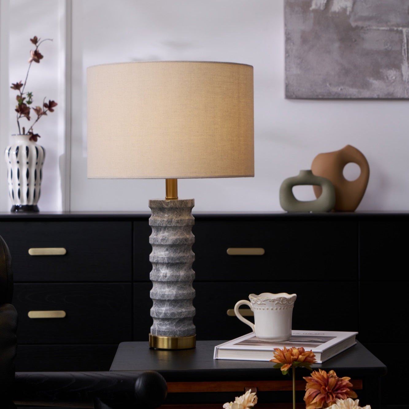 Lampe à poser moderne Jorund en pierre Gris et beige
