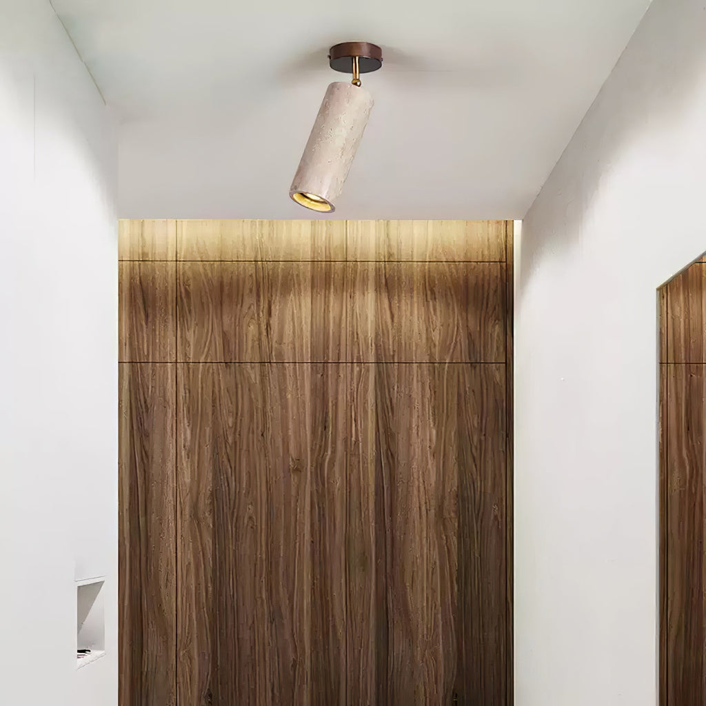 Plafonnier moderne Ansgar en pierre Noyer bois et travertin jaune