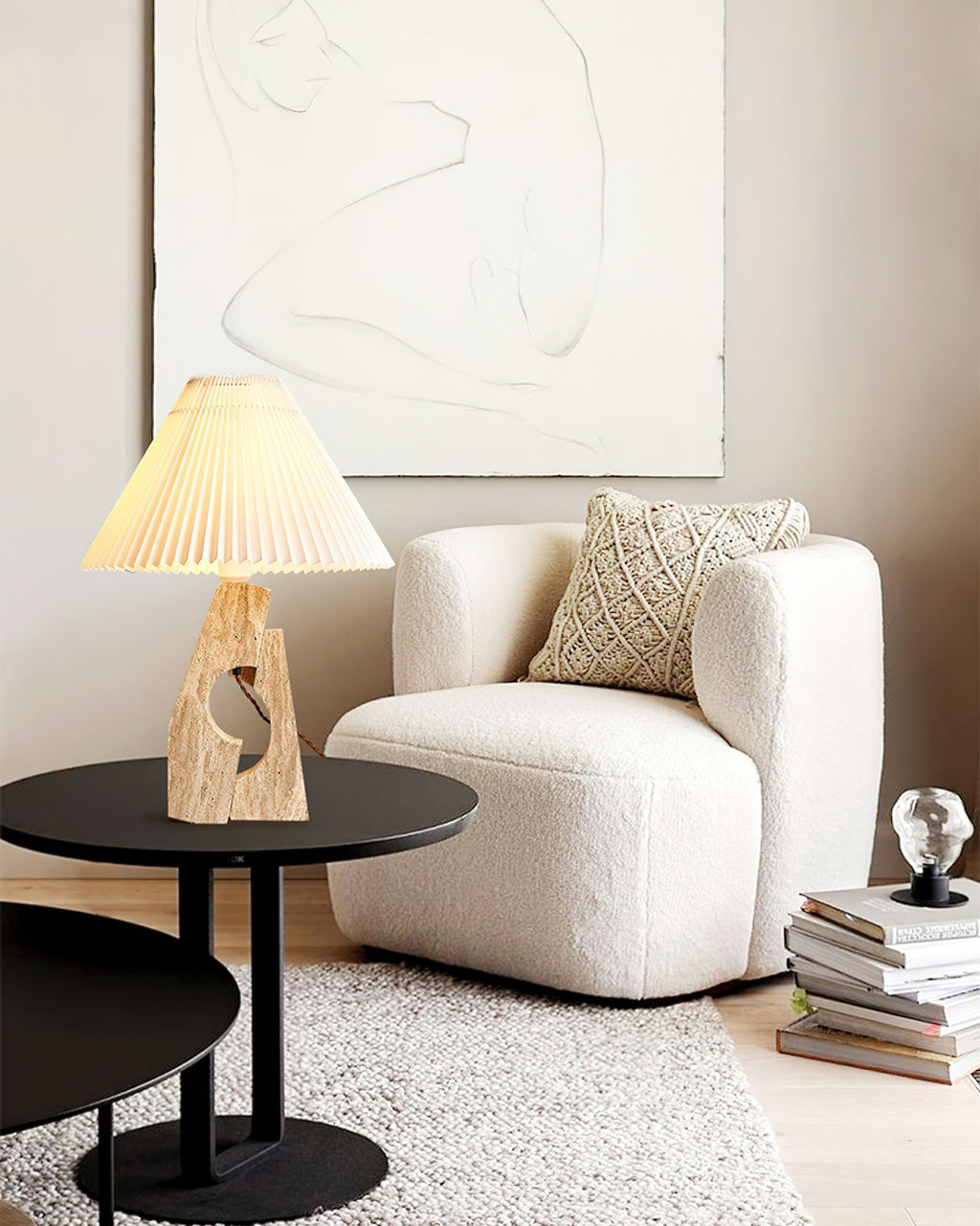 Lampe à poser moderne Dahl en pierre Beige et blanc