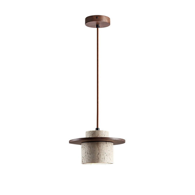 Keats Modern Pendant Light in Walnut Wood and Yellow Travertine