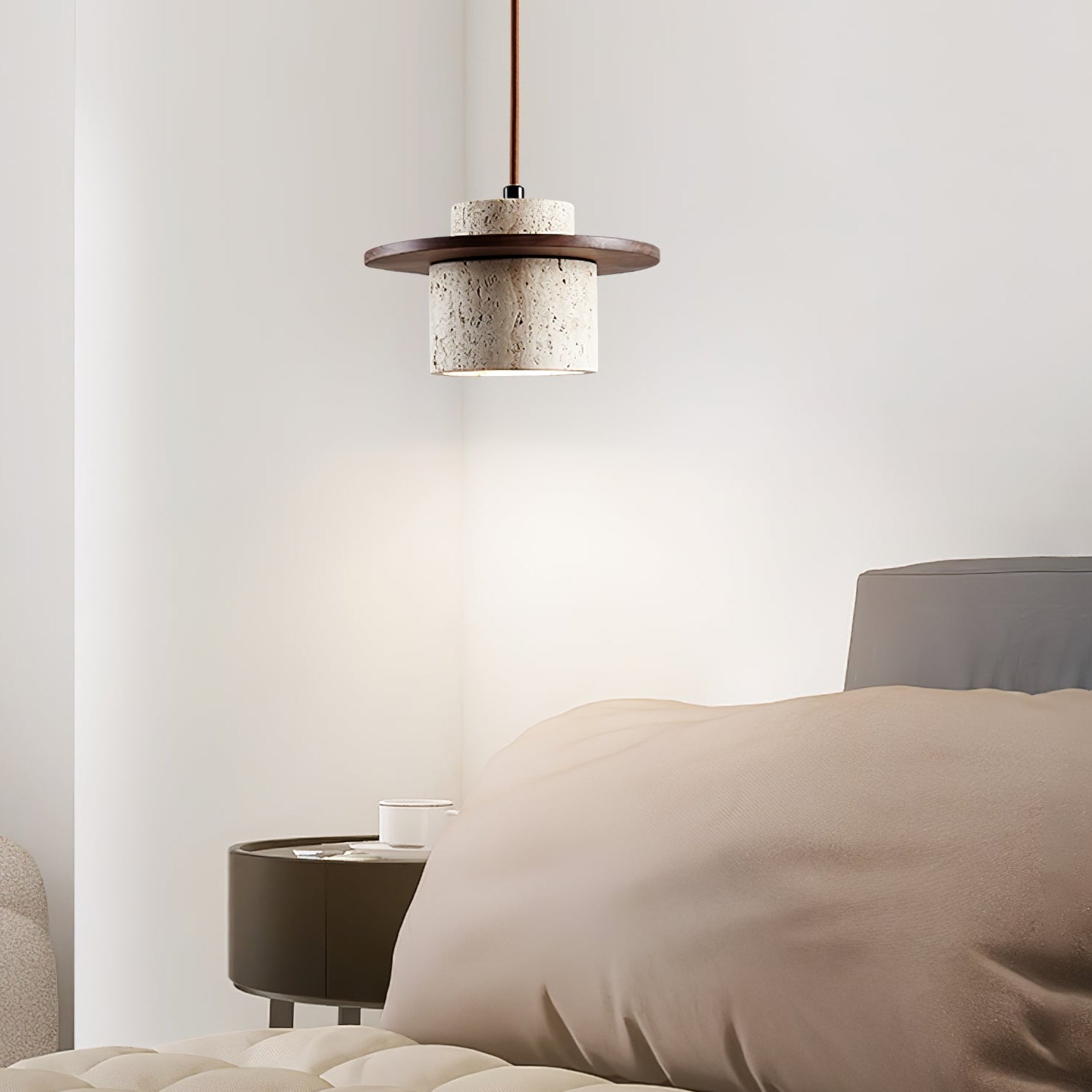 Suspension moderne Keats en Bois et travertin jaune