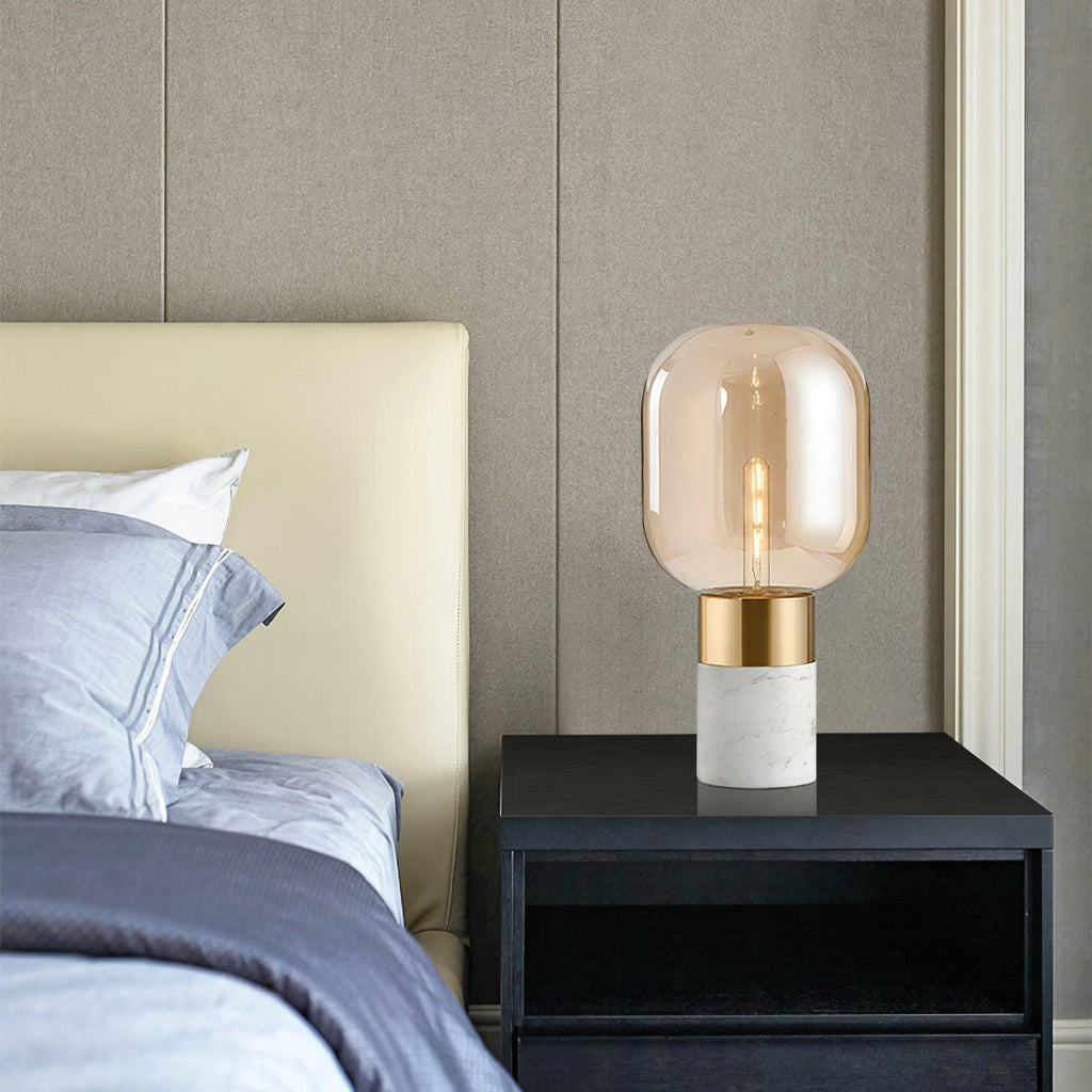 Lampe à poser moderne Hreinn en Blanc marbre et Cognac