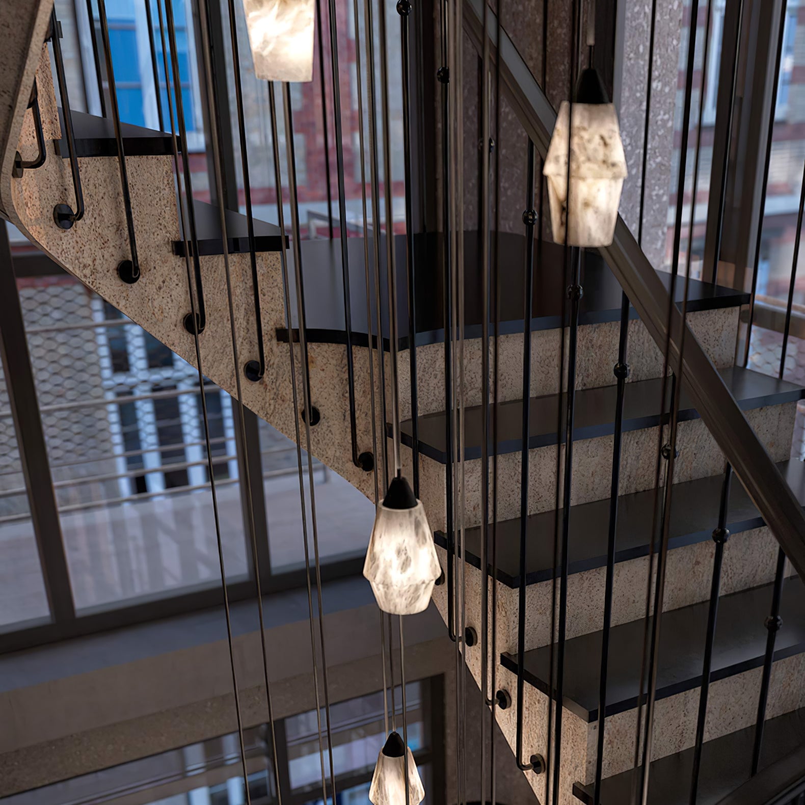 Suspension moderne Wolfe en Albâtre Noir et blanc