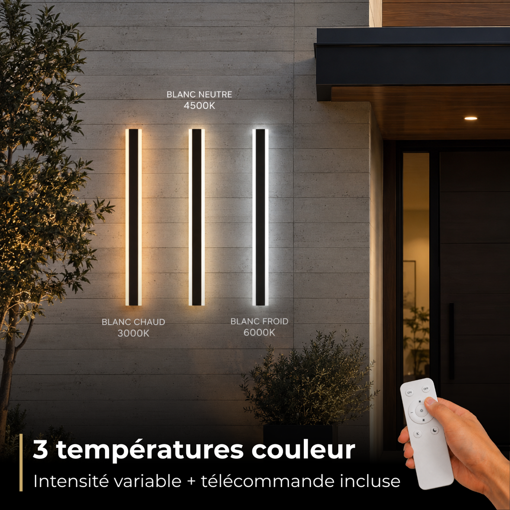 Trois appliques linéaires allumées en blanc chaud 3000 K, blanc neutre 4500 K et blanc froid 6000 K, télécommande incluse