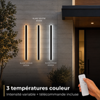 Trois appliques linéaires allumées en blanc chaud 3000 K, blanc neutre 4500 K et blanc froid 6000 K, télécommande incluse