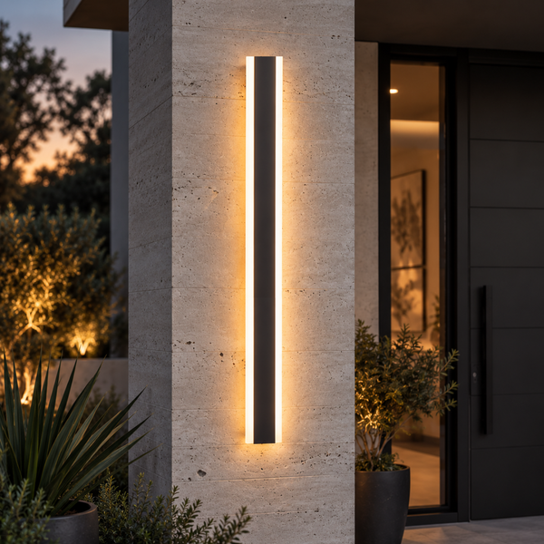 Applique extérieure LED linéaire noire allumée en blanc chaud sur un pilier en pierre, à l'entrée d'une maison le soir