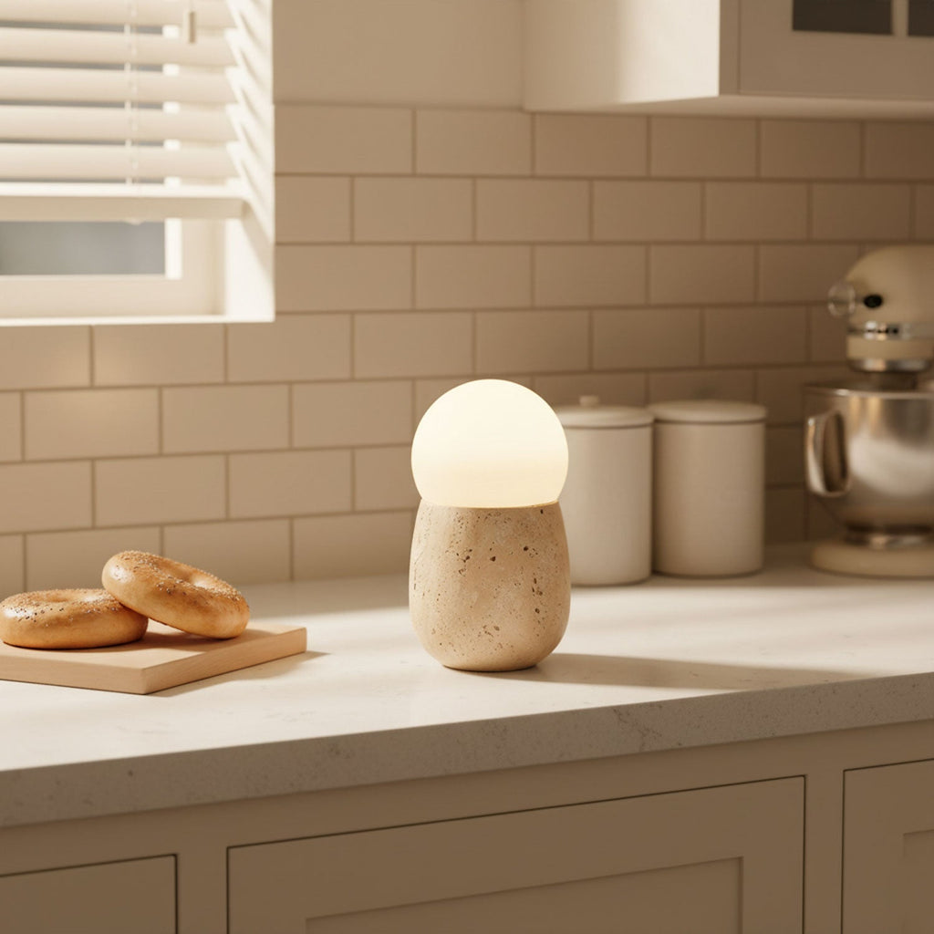 Lampe à poser moderne Ainamo en Travertin jaune et blanc