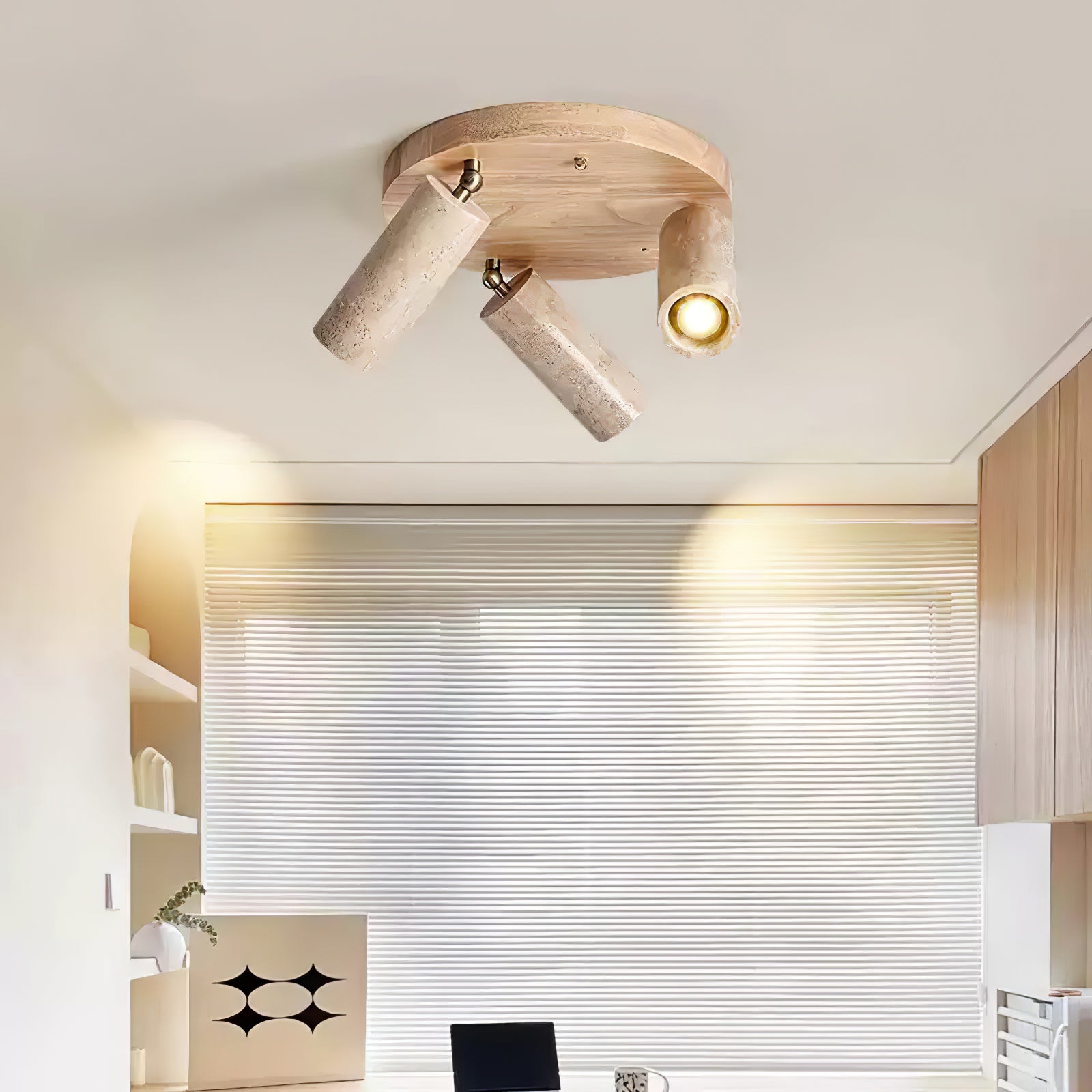 Plafonnier moderne Hoskuld en Noyer bois et travertin jaune