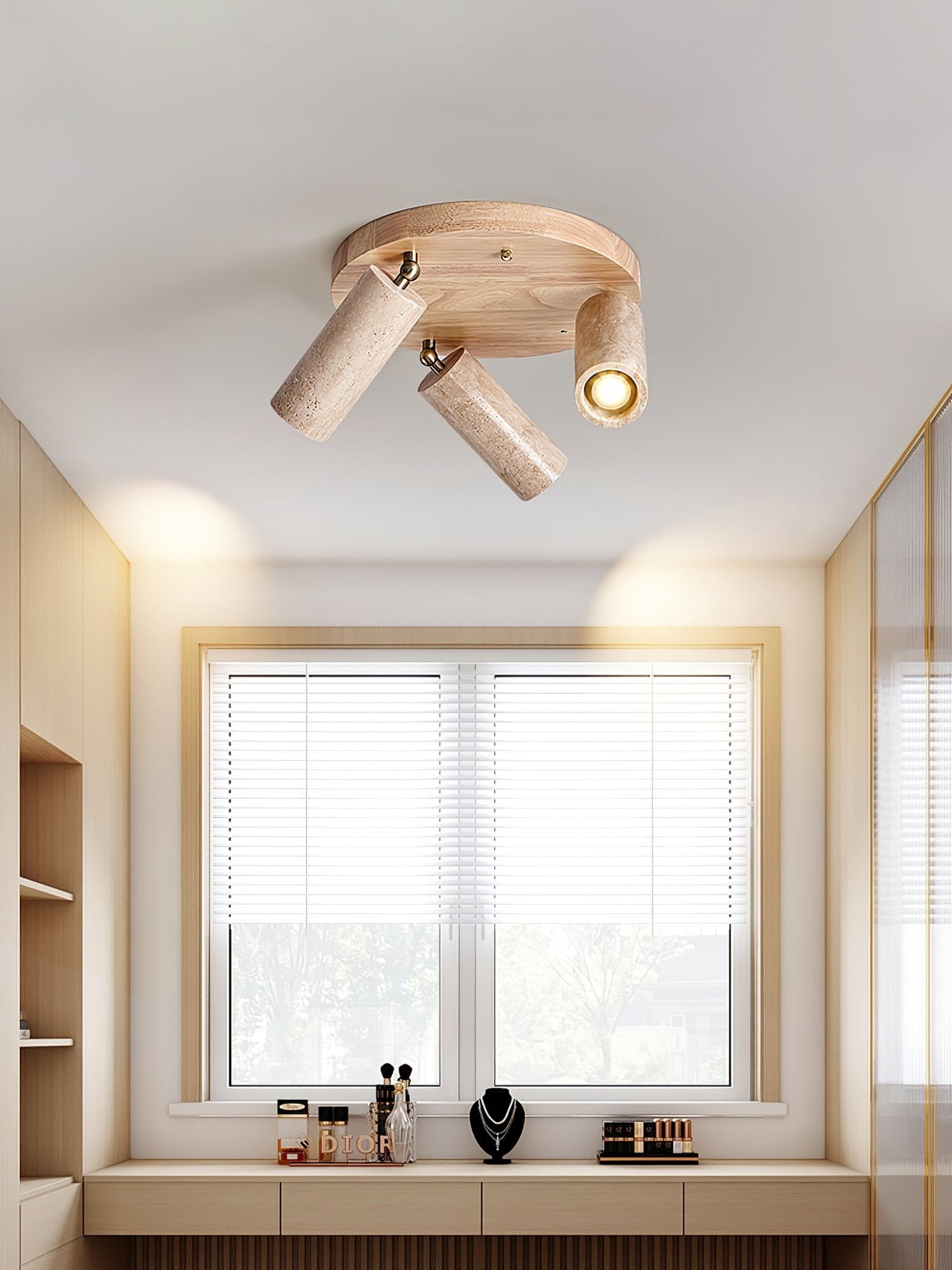 Plafonnier moderne Hoskuld en Noyer bois et travertin jaune