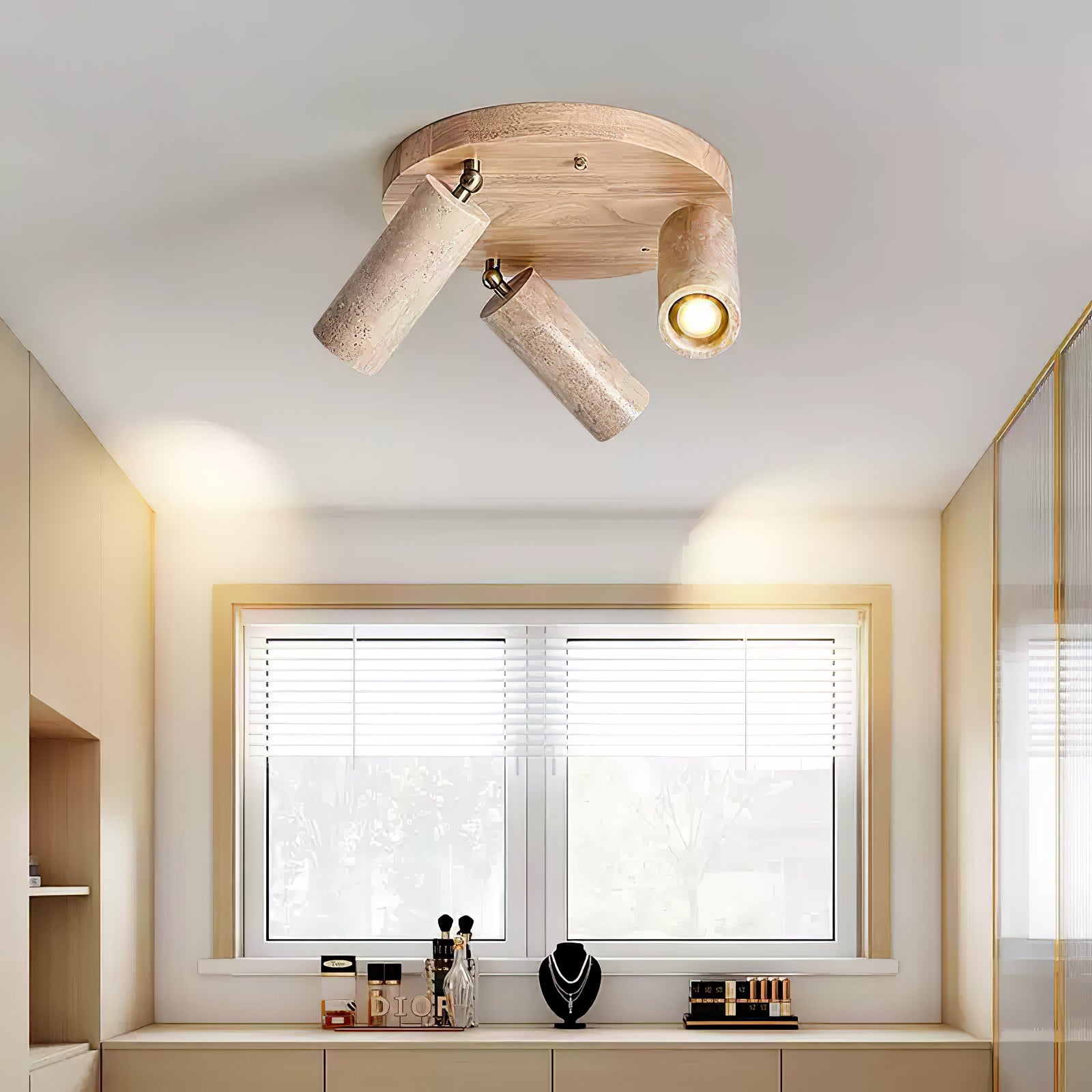 Plafonnier moderne Hoskuld en Noyer bois et travertin jaune