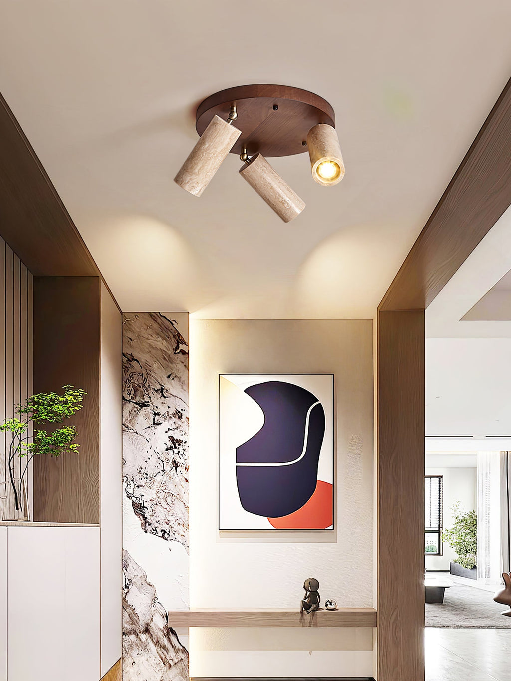 Plafonnier moderne Hoskuld en Noyer bois et travertin jaune