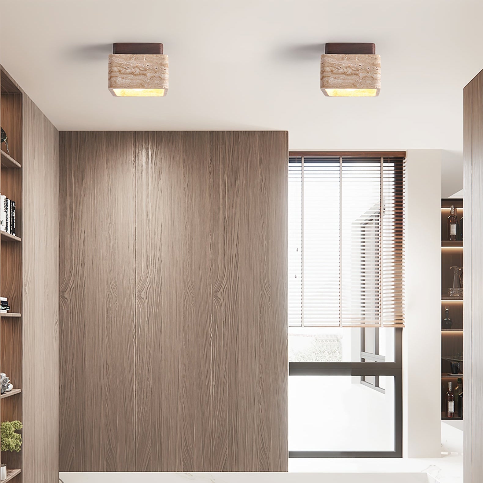 Plafonnier moderne Lin en Noyer bois et travertin jaune