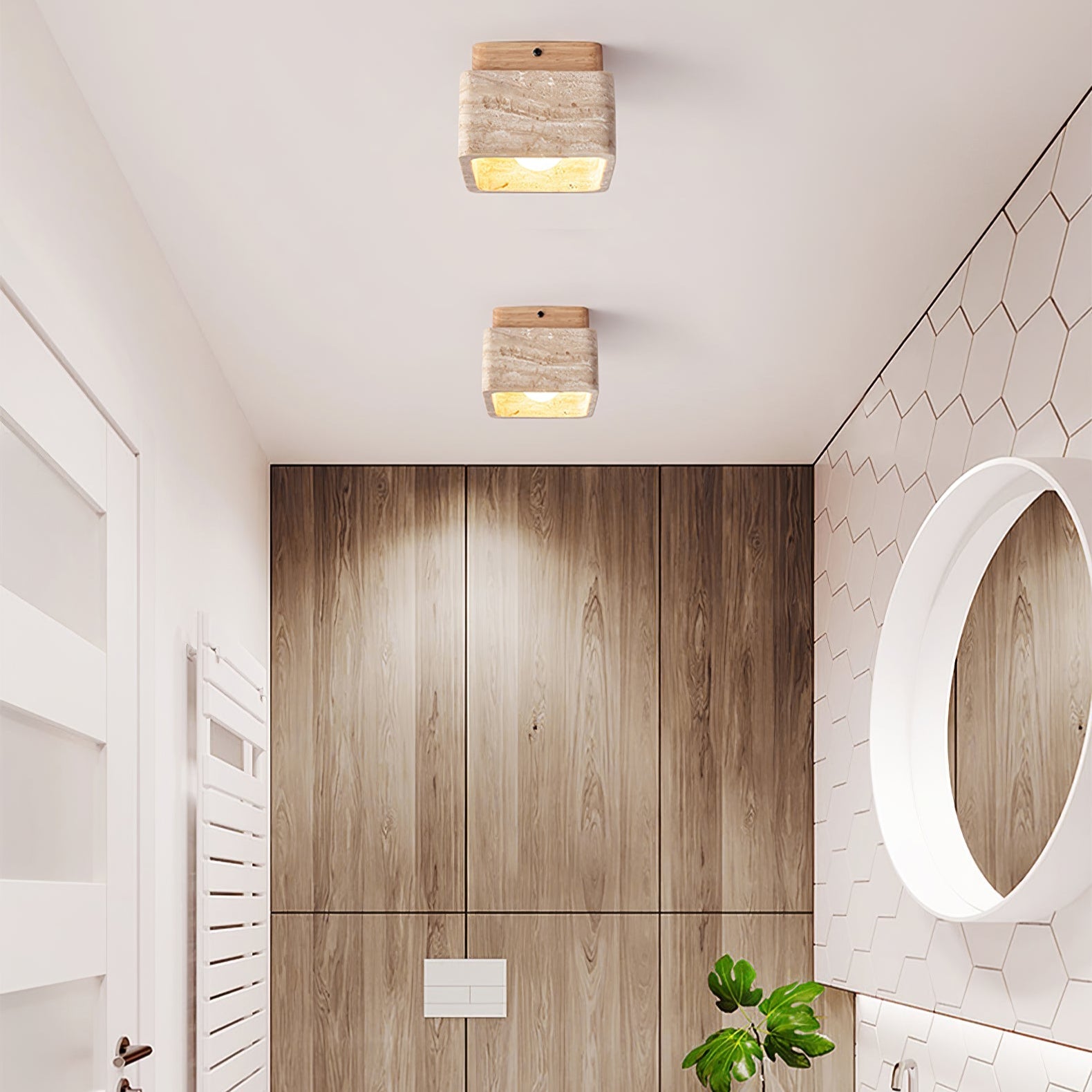 Plafonnier moderne Lin en Noyer bois et travertin jaune
