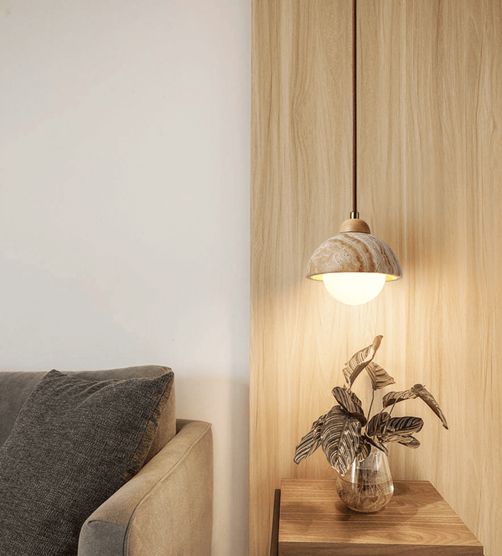 Suspension moderne Ola en Bois et travertin jaune