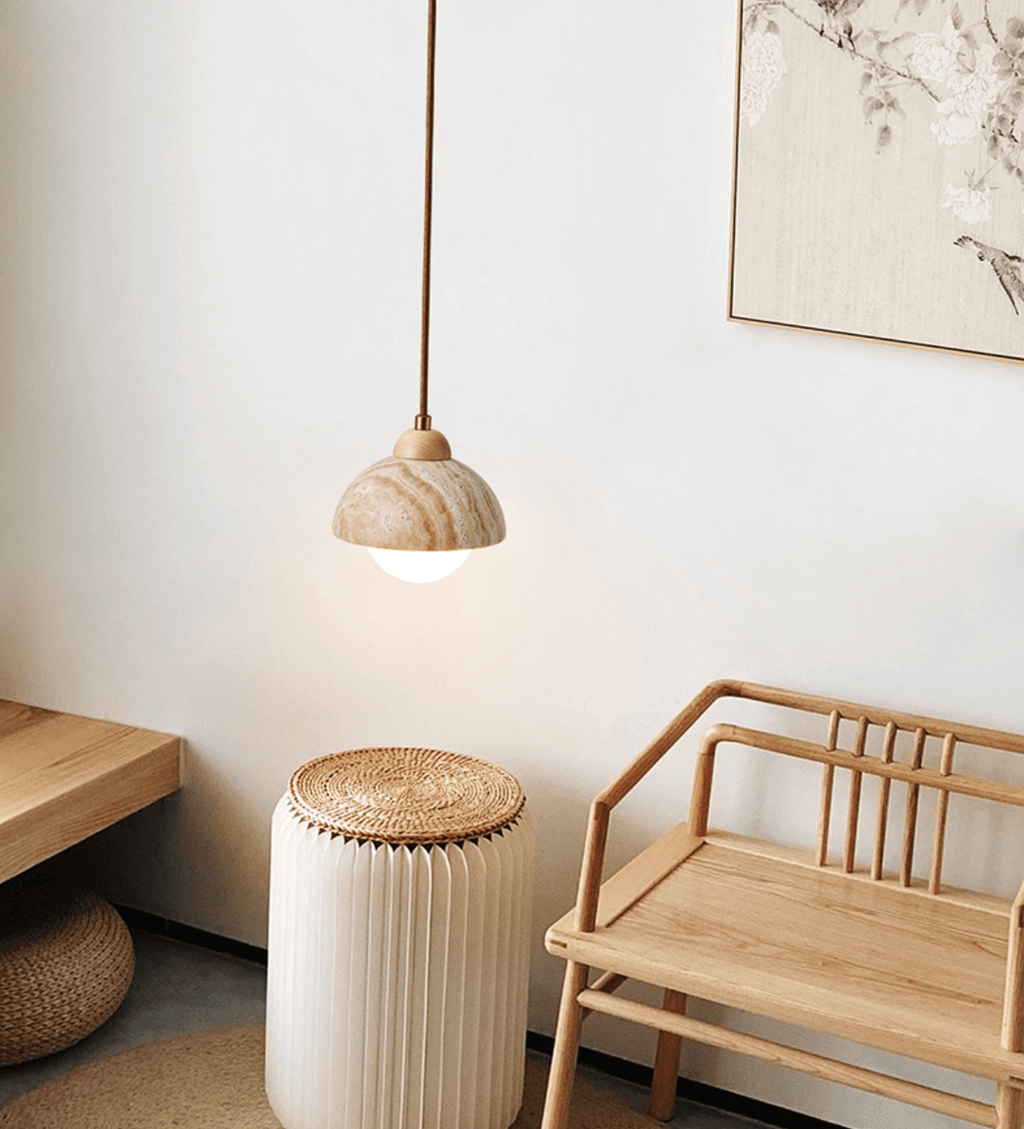 Suspension moderne Ola en Bois et travertin jaune