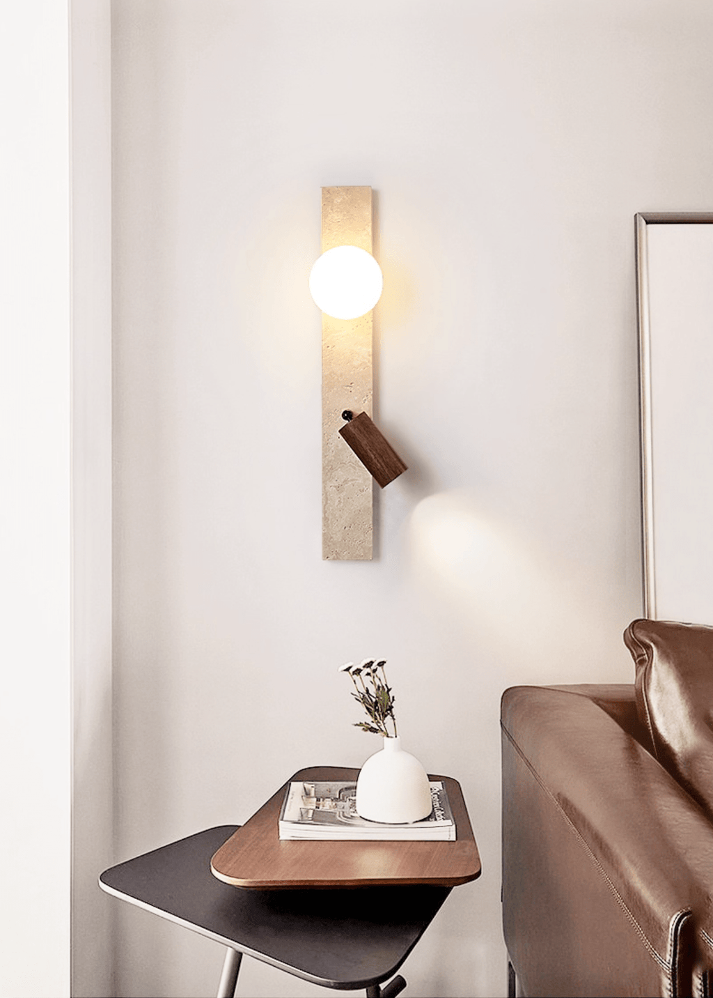 Applique murale moderne Nidaros en Noyer bois et travertin jaune