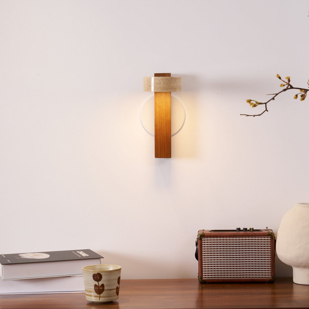 Applique murale moderne Haagen en Noyer bois et travertin jaune