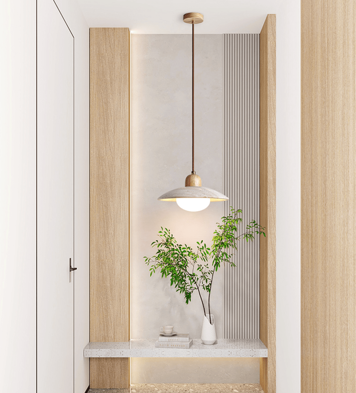 Suspension moderne Svanur en Bois et travertin jaune