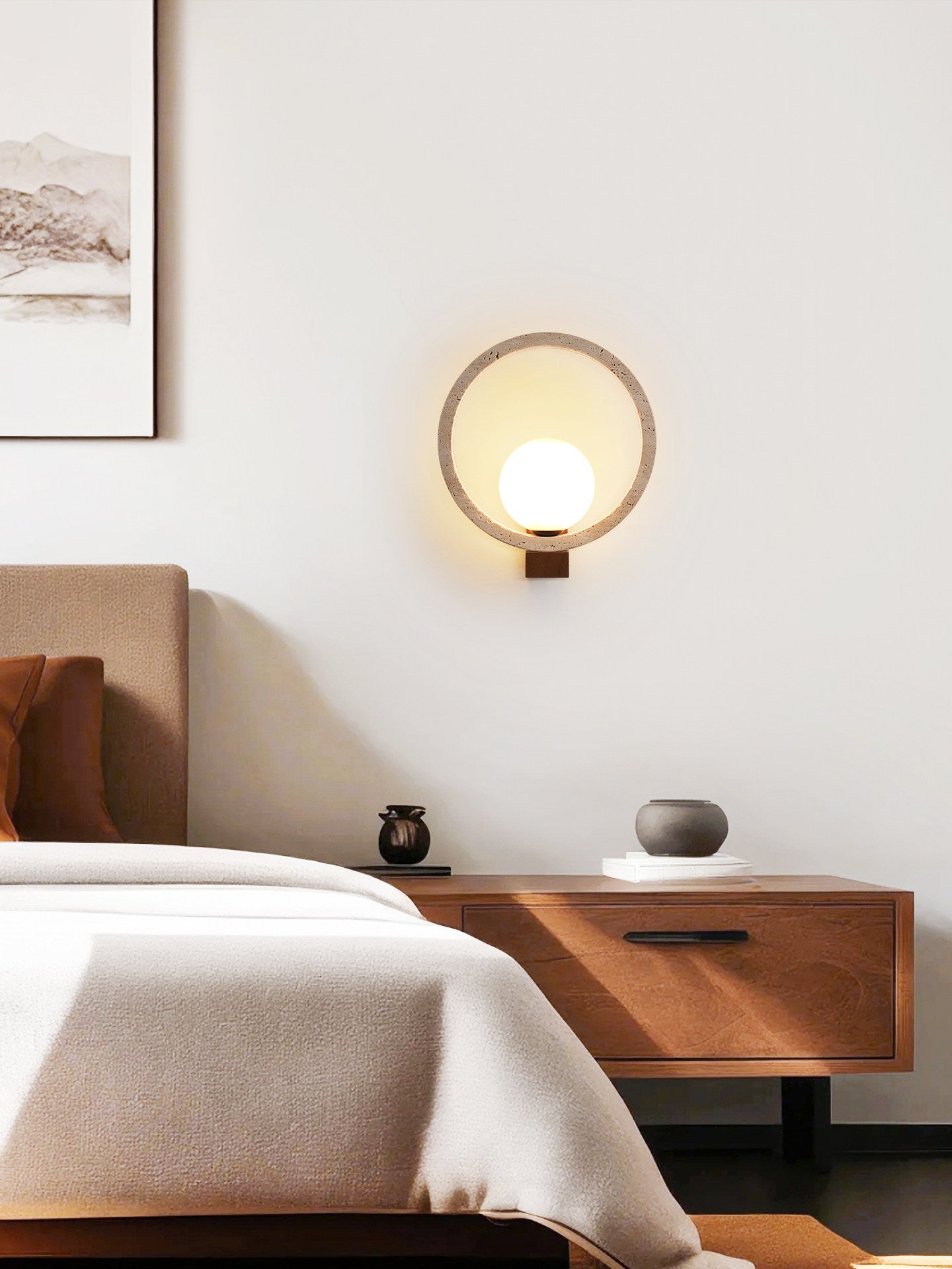 Applique murale moderne Wes en Travertin jaune et noyer
