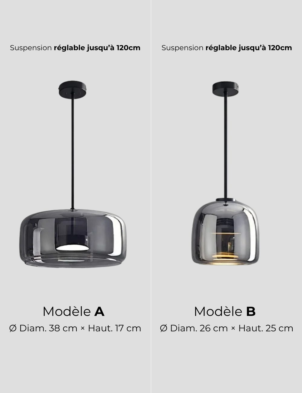 Suspension moderne Earle en verre Noir et fumé gris