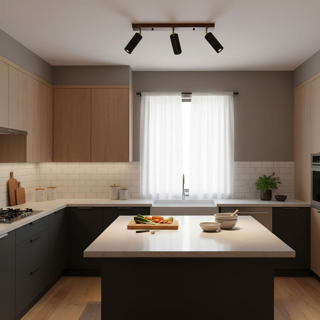 Plafonnier moderne Ellis en Noir travertin et noyer bois