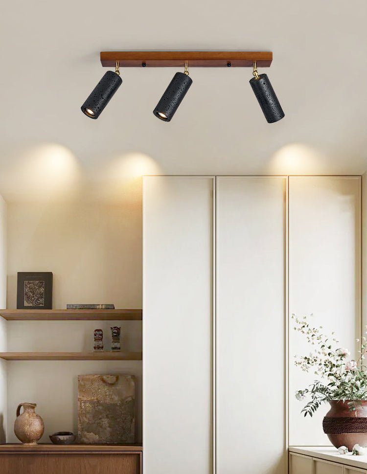 Plafonnier moderne Ellis en Noir travertin et noyer bois