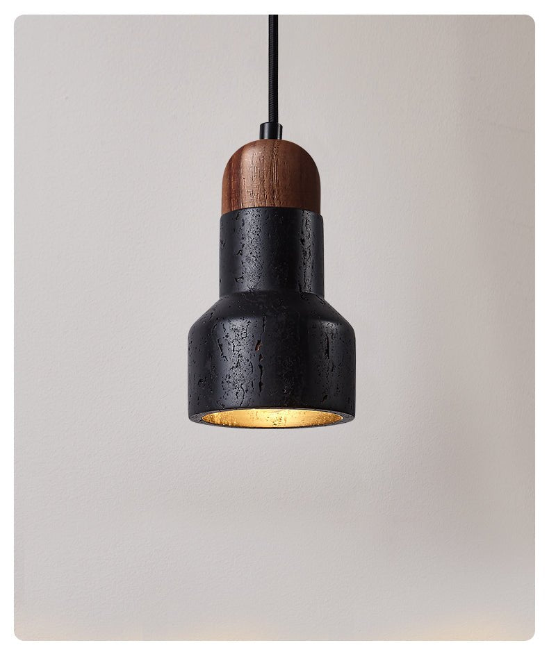 Suspension moderne Olen en pierre Noir travertin et noyer