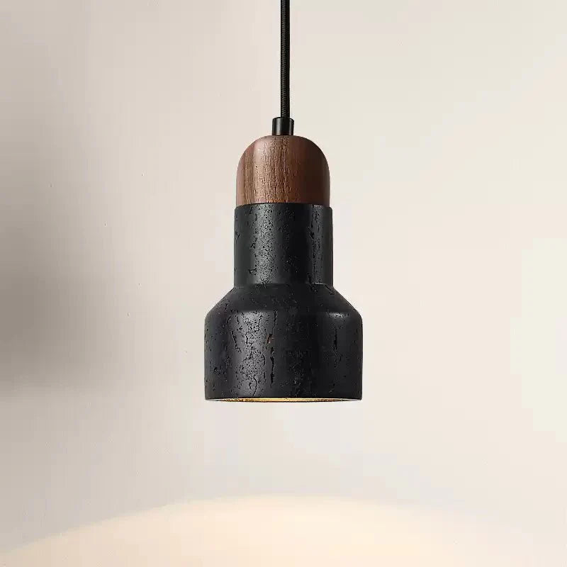 Suspension moderne Olen en pierre Noir travertin et noyer