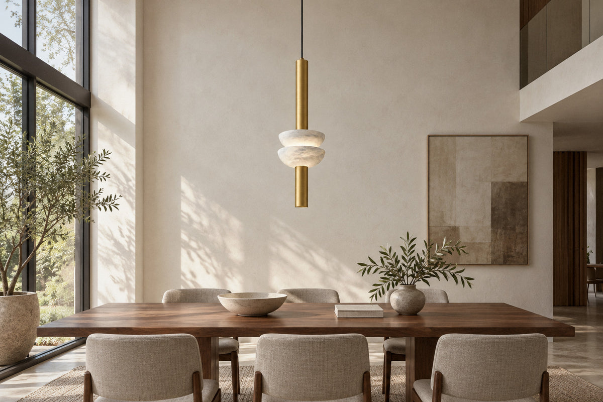 Alabaster Column Pendant Lamp alabaster pendant in a dining room by day, switched off (AI-generated scene)