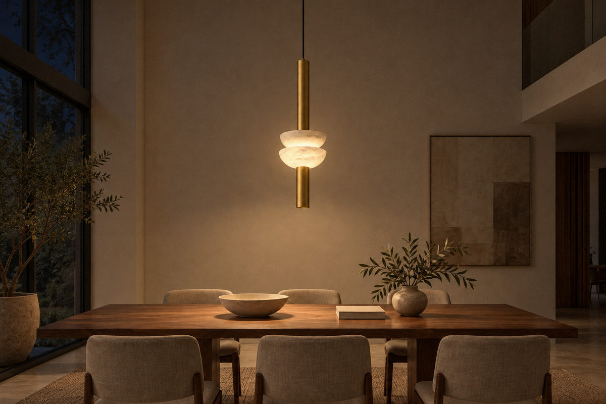 Alabaster Column Pendant Lamp alabaster pendant in a dining room at night, lit (AI-generated scene)