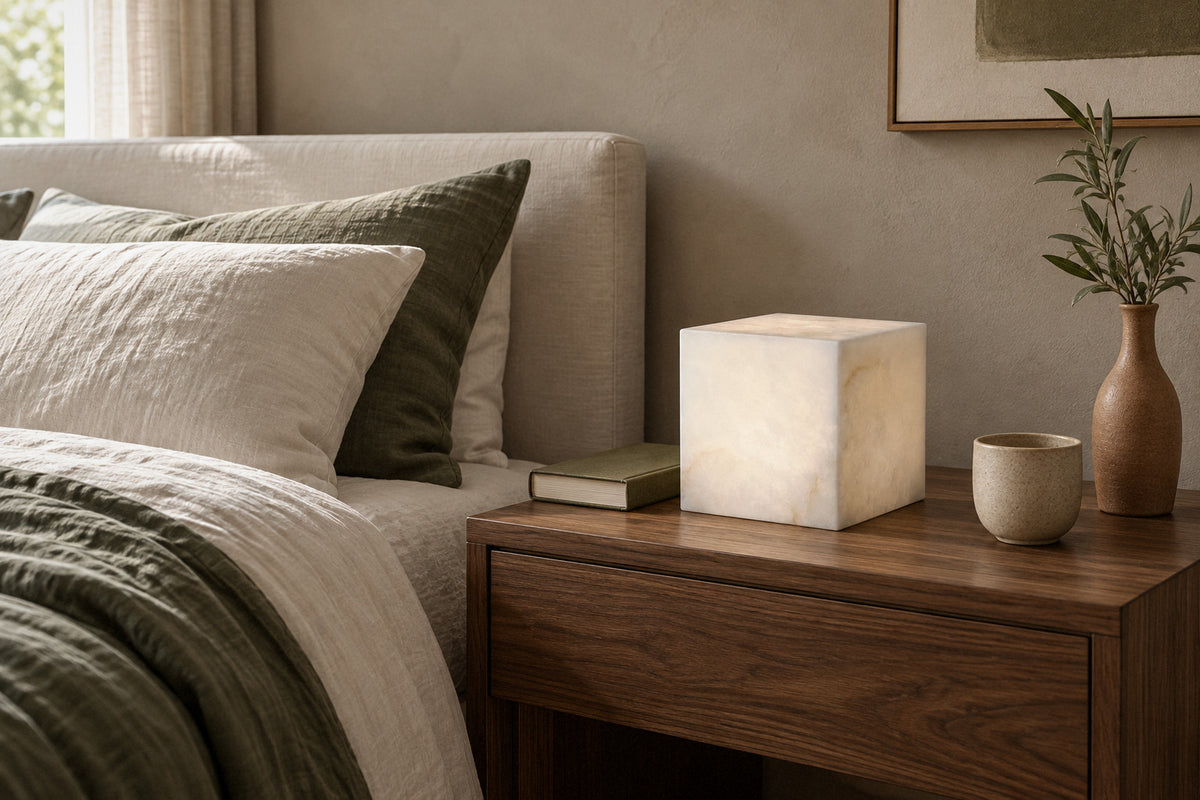 Alabaster Cube alabaster table lamp in a bedroom by day, switched off (AI-generated scene)