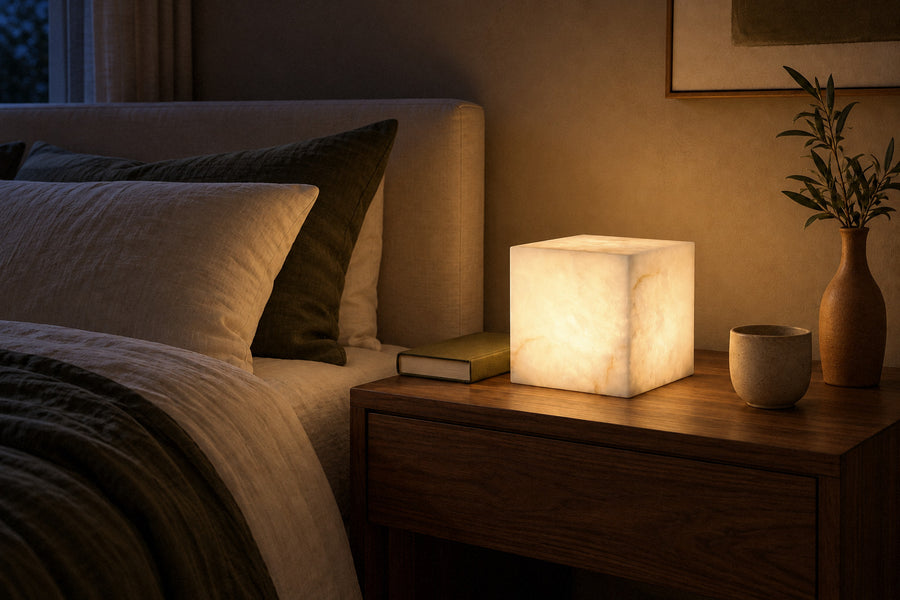 Alabaster Cube alabaster table lamp in a bedroom at night, lit (AI-generated scene)