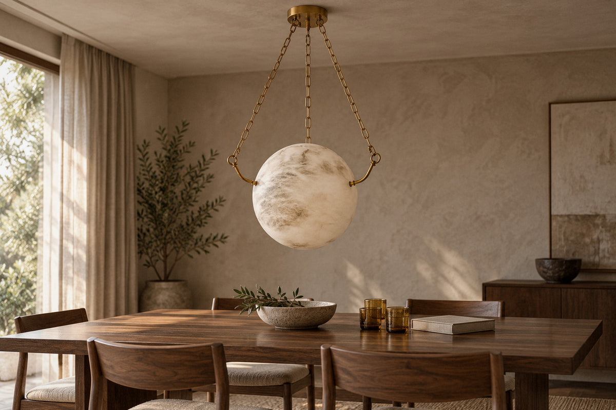 Alabaster Sphere Pendant Lamp alabaster pendant in a dining room by day, switched off (AI-generated scene)