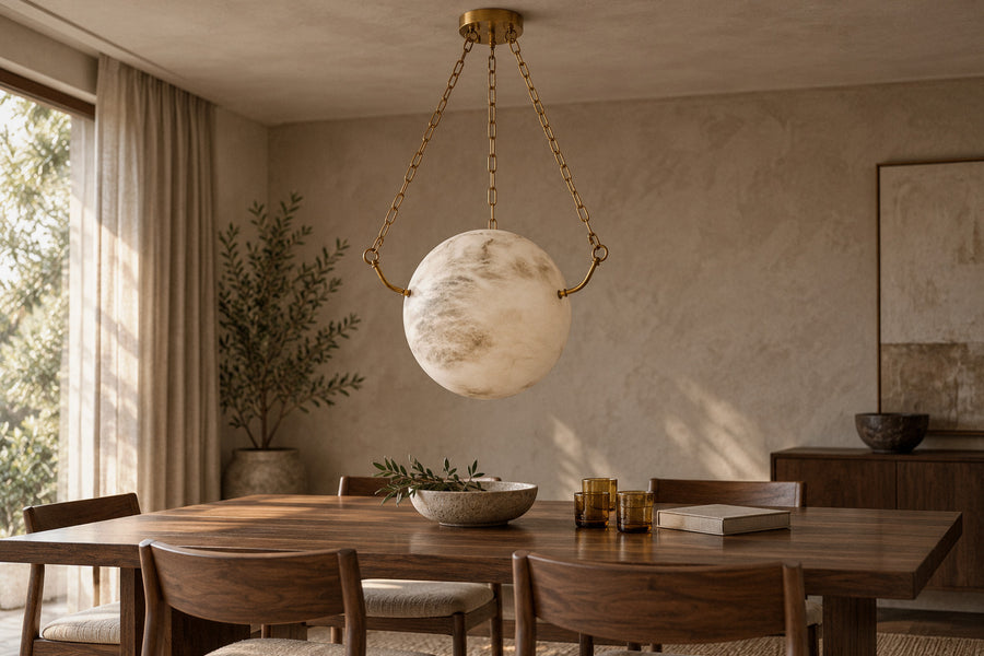 Alabaster Sphere Pendant Lamp alabaster pendant in a dining room by day, switched off (AI-generated scene)