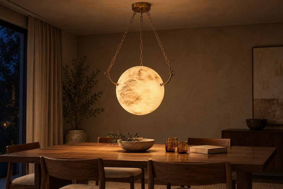 Alabaster Sphere Pendant Lamp alabaster pendant in a dining room at night, lit (AI-generated scene)