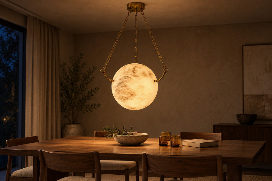 Alabaster Sphere Pendant Lamp alabaster pendant in a dining room at night, lit (AI-generated scene)