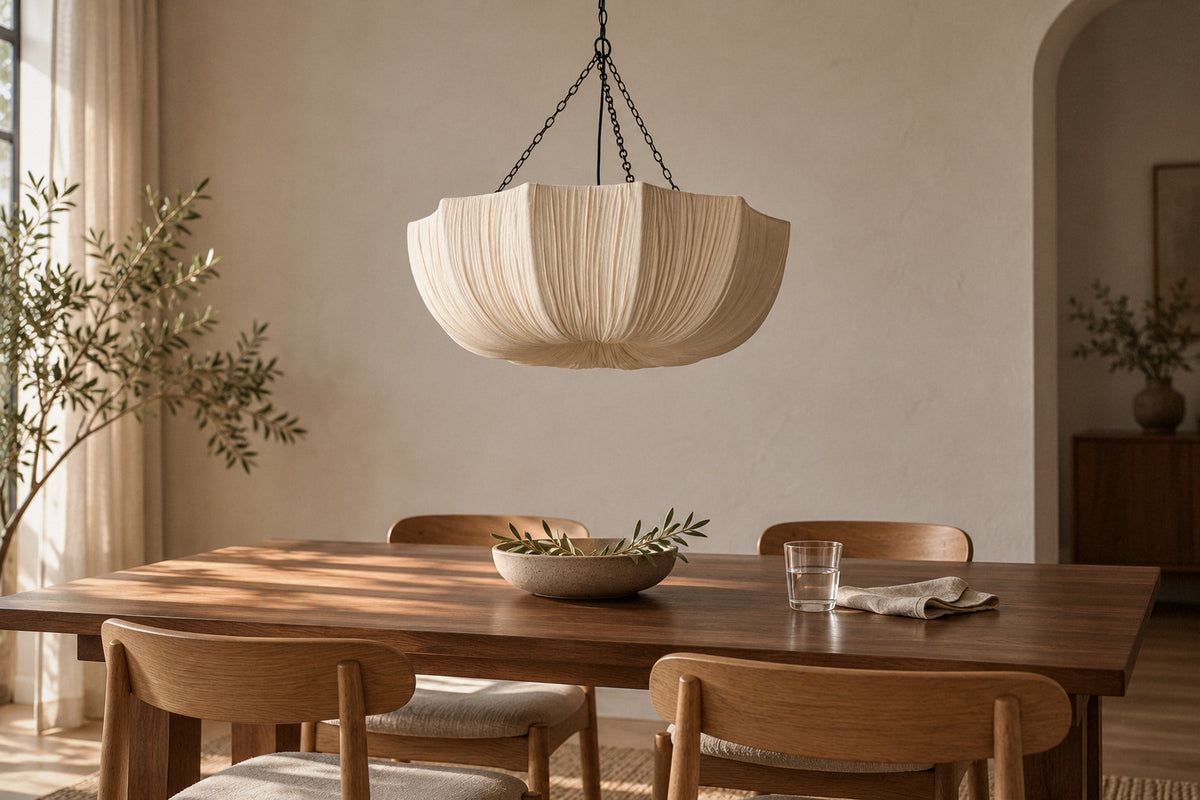 Aldwin fabric pendant in a dining room by day, switched off (AI-generated scene)