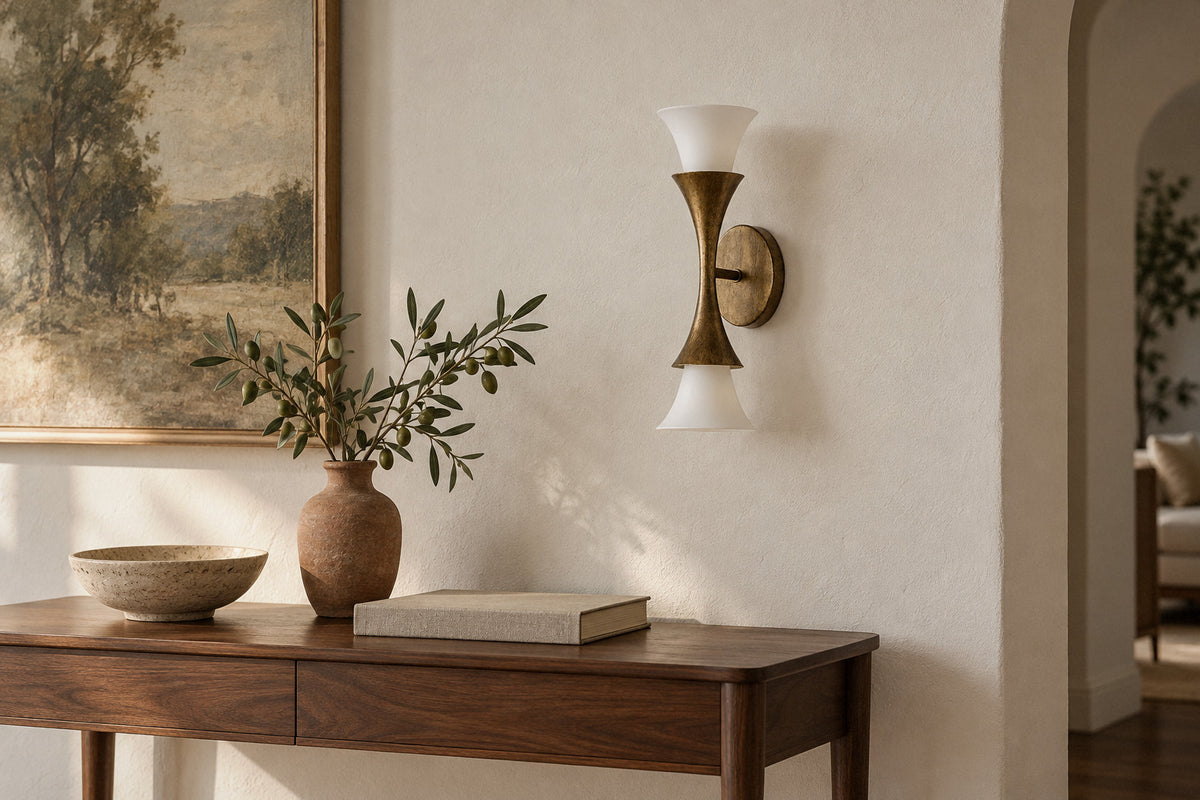 Antique Brass Cone Wall Sconce in brass and glass in a living room by day, switched off (AI-generated scene)