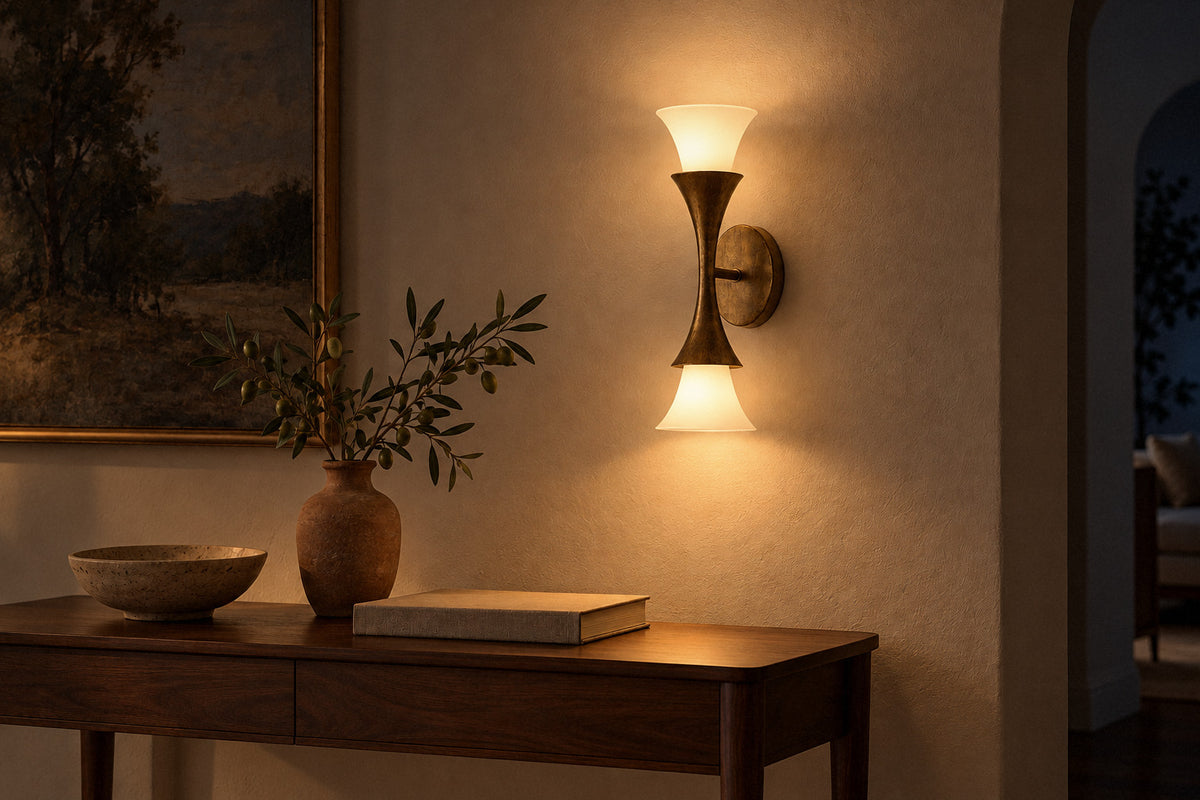 Antique Brass Cone Wall Sconce in brass and glass in a living room at night, lit (AI-generated scene)