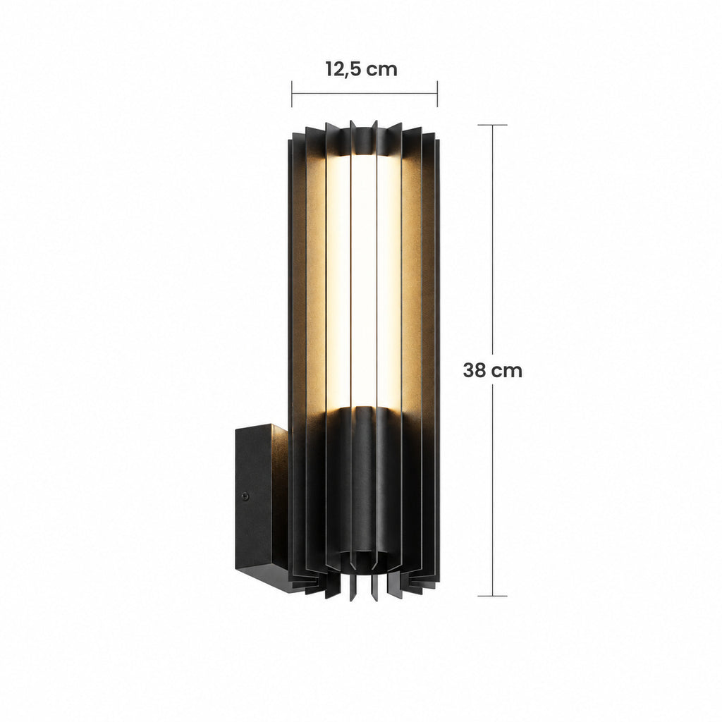 Dimensions de l’applique extérieure noire à lames, taille Petit : 38 cm de hauteur, 12,5 cm de diamètre