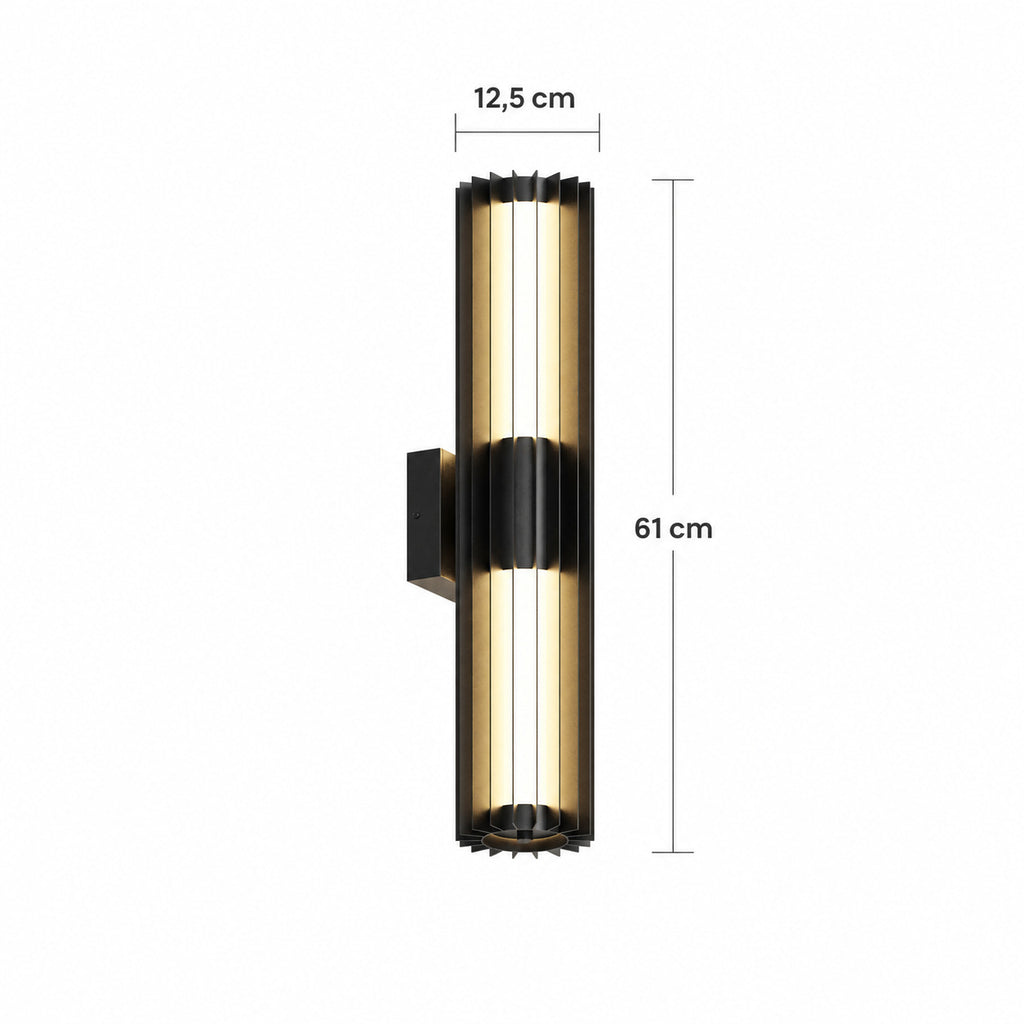 Dimensions de l’applique extérieure noire à lames, taille Moyen : 61 cm de hauteur, 12,5 cm de diamètre