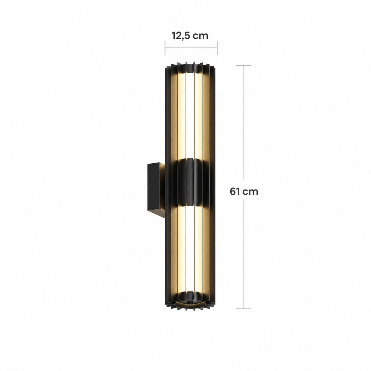 Dimensions de l’applique extérieure noire à lames, taille Moyen : 61 cm de hauteur, 12,5 cm de diamètre