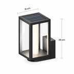 Schéma des dimensions de la version solaire, panneau solaire sur le dessus : largeur 15 cm, hauteur 28 cm