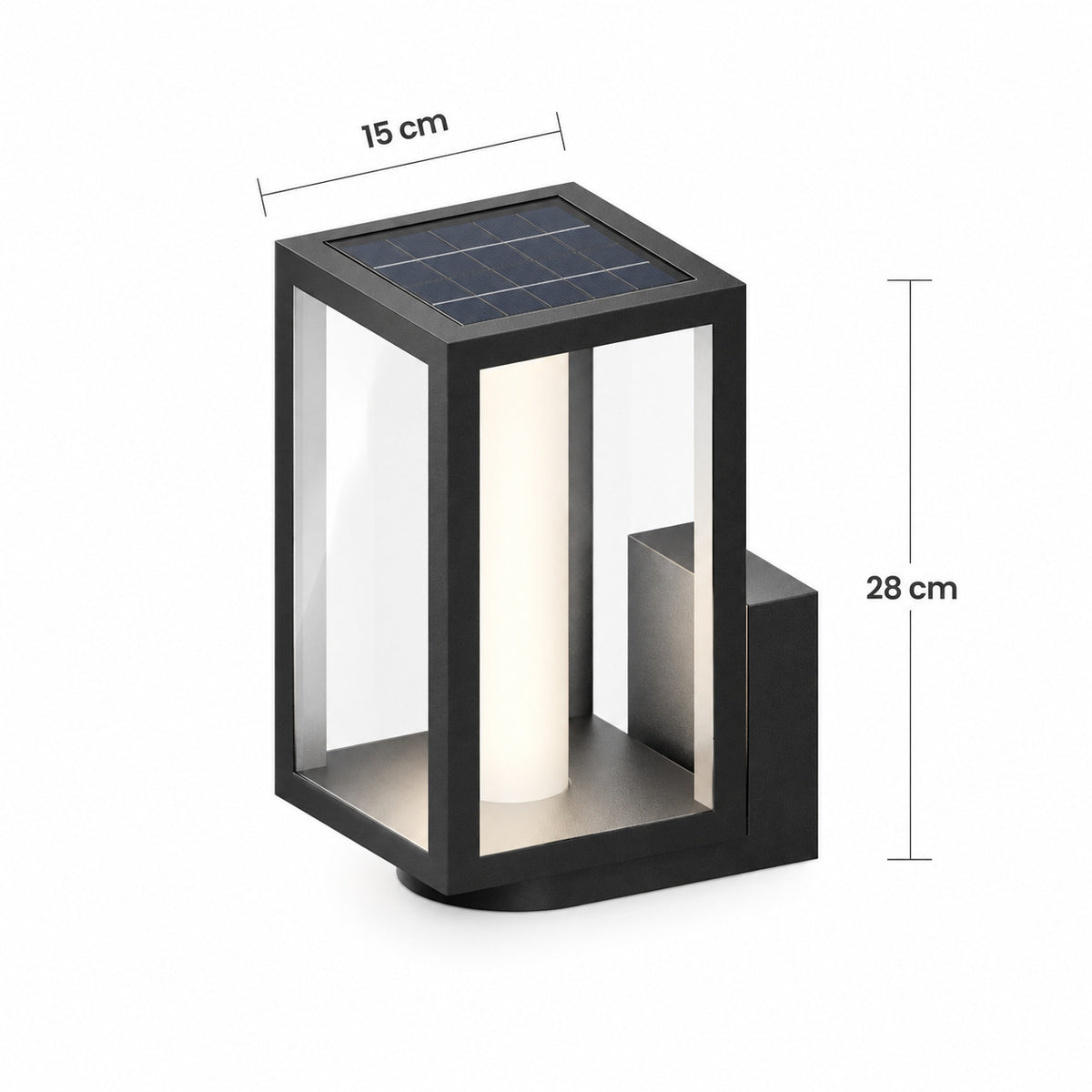 Schéma des dimensions de la version solaire, panneau solaire sur le dessus : largeur 15 cm, hauteur 28 cm