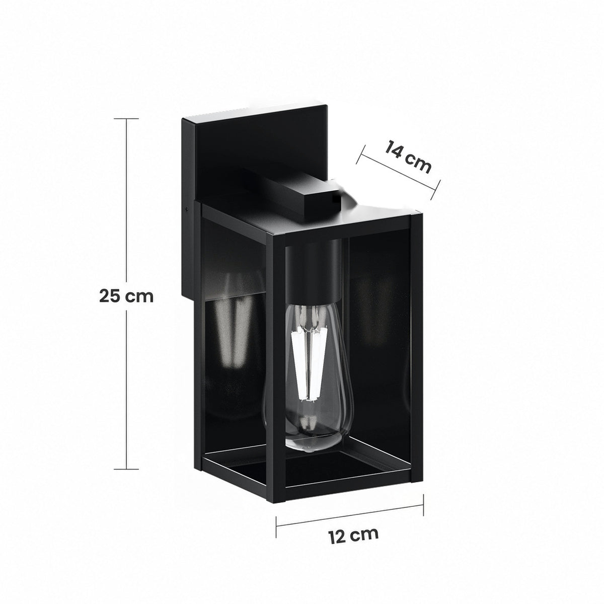 Schéma des dimensions de l’applique lanterne : hauteur 25 cm, profondeur 14 cm, largeur 12 cm