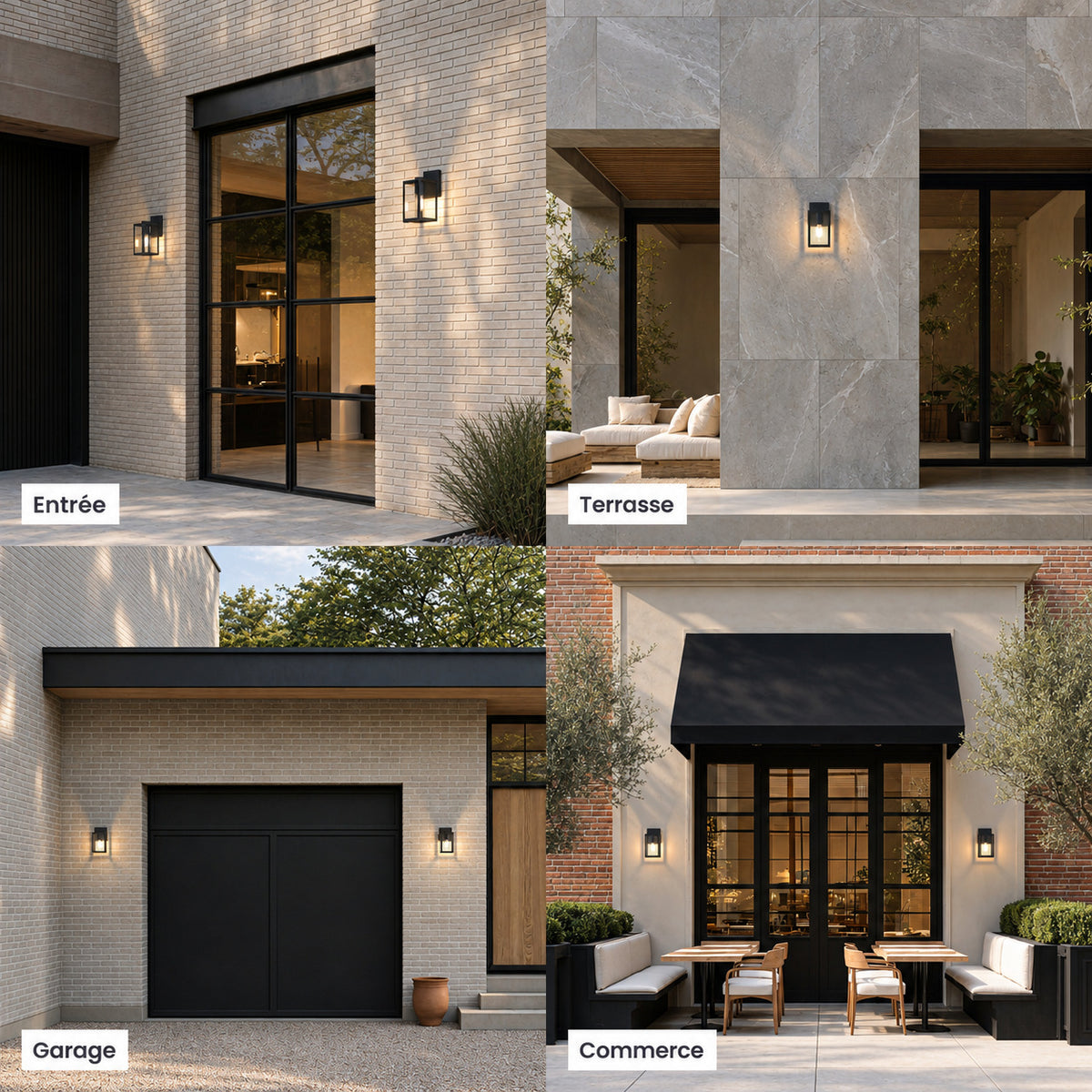Appliques lanternes noires allumées à l’entrée d’une maison, sur une terrasse, sur un garage et sur la façade d’un commerce