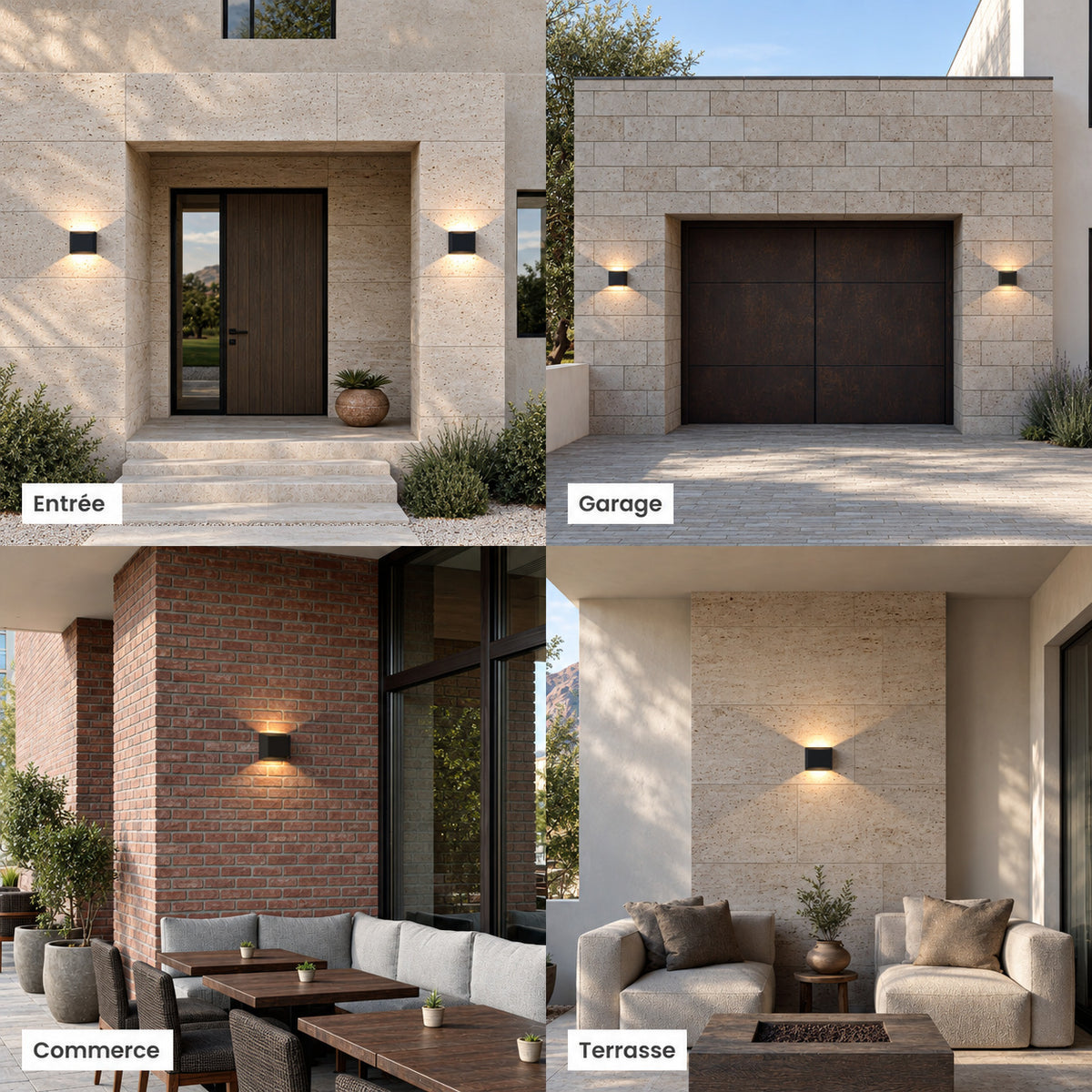 Applique carrée noire allumée à l’entrée d’une maison, autour d’une porte de garage, sur une terrasse de commerce et sur une terrasse