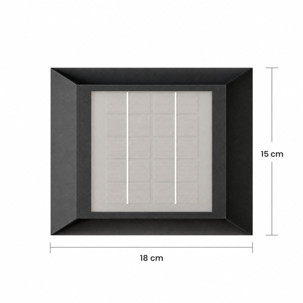 Schéma des dimensions de la version solaire, panneau solaire en façade : largeur 18 cm, hauteur 15 cm