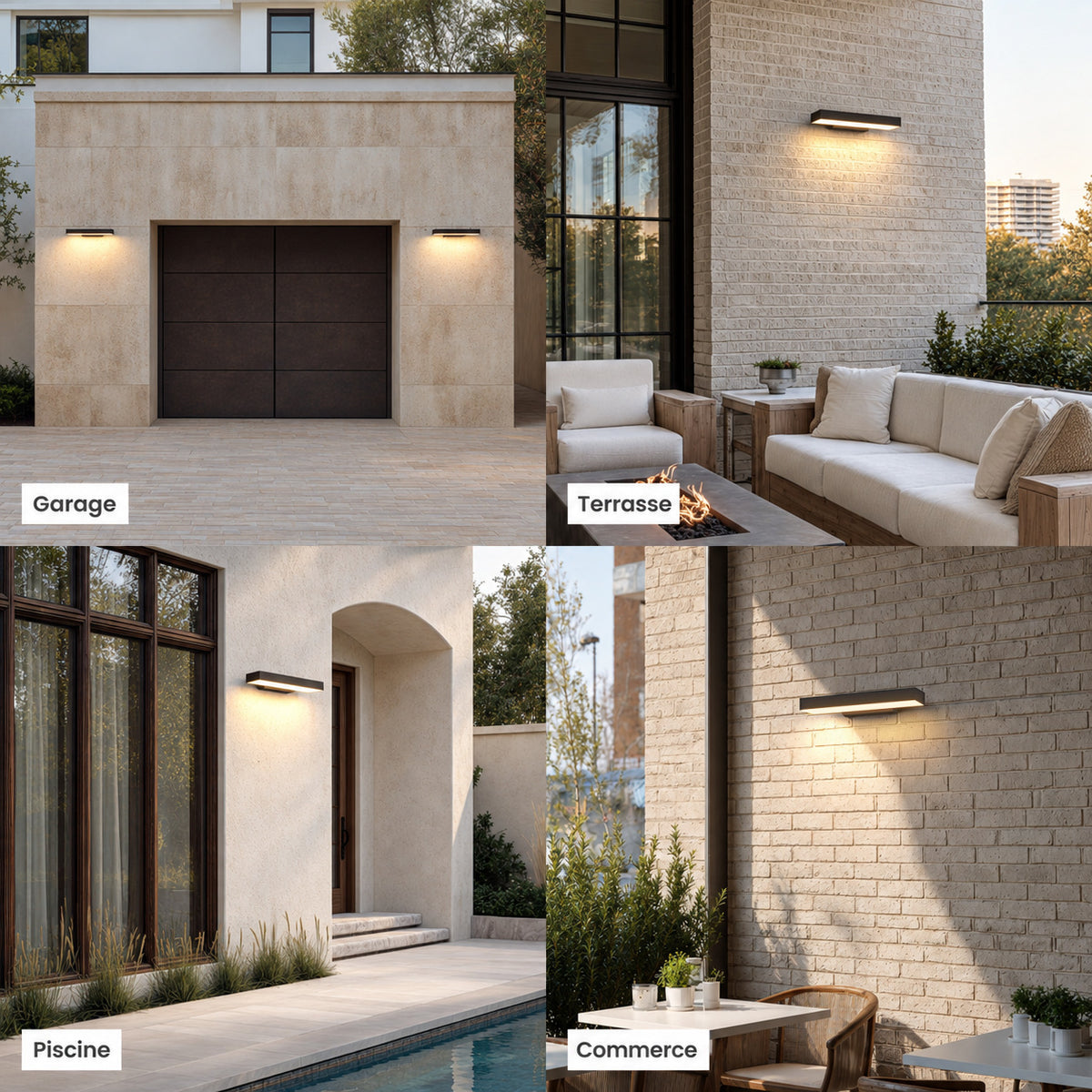 Appliques extérieures horizontales noires allumées sur un garage, une terrasse, au bord d’une piscine et sur la façade d’un commerce